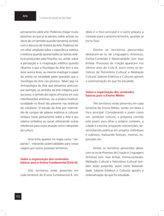 152
Arte
Currículo do Estado de São Paulo
pensamento sobre arte. Podemos chegar muito
próximos ao que já se pensou sobre artistas ou
obras de um período quando tomamos contato
com o discurso da História da Arte. Podemos ter
um olhar ampliado sobre a experiência estética
e estésica quando apresentados às teorias esté-
ticas produzidas pela Filosofia, ou, ainda, sobre
a percepção e a imaginação estética quando
olhamos o que a Psicologia da Arte tem a nos
dizer acerca disso, ou mesmo investigar o papel
do artista na sociedade pelas questões que a
Sociologia da Arte nos provoca. Talvez seja na
Antropologia da Arte que possamos procurar,
por exemplo, os sentidos da arte indígena para
seu povo; o sentido dos signos africanos em suas
manifestações artísticas; ou a própria multicul-
turalidade no Brasil tão presente nas estéticas
do cotidiano. O estudo da Arte por intermé-
dio de campos de saberes estéticos e culturais
embasa nosso pensamento sobre a Arte e seu
sistema simbólico ou social, oferecendo outras
referências para nossa atuação como intérpretes
da cultura.
Uma linha aparece no mapa como “zar-
pando”, indicando potencialidades para novas
viagens por outros possíveis territórios.
Sobre a organização dos conteúdos
básicos para o Ensino Fundamental (Ciclo II)
Dois territórios estão presentes em
cada bimestre do Ensino Fundamental II. Um
deles é o foco principal e o outro prepara a
conexão para o próximo bimestre, quando se
torna foco.
Dentre os territórios percorridos
destacam-se os de Linguagens Artísticas,
Forma-Conteúdo e Materialidade com mais
ênfase. Processos de criação aparecem nos
últimos anos do Ciclo II, assim como os ter-
ritórios de Patrimônio Cultural e Mediação
Cultural. Saberes Estéticos e Culturais apoiam
a sistematização do que foi estudado.
Sobre a organização dos conteúdos
básicos para o Ensino Médio
Três territórios estão presentes em cada
bimestre do Ensino Médio, sendo um deles o
foco principal. Considerando o jovem como
um produtor cultural, a proposta convida
este jovem para olhar o próprio contexto, a
cidade e a escola, propondo intervenções, de-
senvolvendo poéticas em projetos individuais
e coletivos, realizando festivais, mostras, ex-
posições etc.
Dentre os territórios percorridos desta-
cam-se os de Processo de Criação e Linguagens
Artísticas com mais ênfase. Forma-conteúdo,
Mediação Cultural e Patrimônio Cultural tam-
bém estão presentes, assim como Materiali-
dade. Saberes Estéticos e Culturais apoiam a
sistematização do que foi estudado.
 