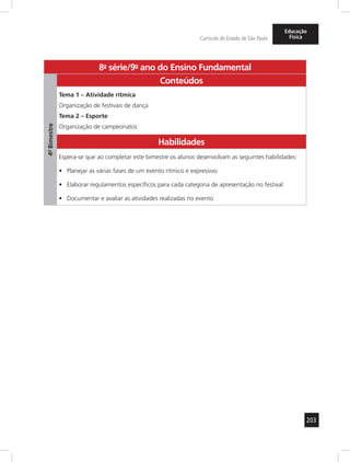 203
Currículo do Estado de São Paulo
Educação
Física
8a
- série/9o
- ano do Ensino Fundamental
4º-Bimestre
Conteúdos
Tema 1 – Atividade rítmica
Organização de festivais de dança
Tema 2 – Esporte
Organização de campeonatos
Habilidades
Espera-se que ao completar este bimestre os alunos desenvolvam as seguintes habilidades:
Planejar as várias fases de um evento rítmico e expressivo•	
Elaborar regulamentos específicos para cada categoria de apresentação no festival•	
Documentar e avaliar as atividades realizadas no evento•	
 