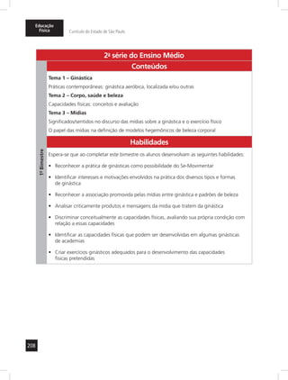 208
Educação
Física Currículo do Estado de São Paulo
2a
- série do Ensino Médio
1º-Bimestre
Conteúdos
Tema 1 – Ginástica
Práticas contemporâneas: ginástica aeróbica, localizada e/ou outras
Tema 2 – Corpo, saúde e beleza
Capacidades físicas: conceitos e avaliação
Tema 3 – Mídias
Significados/sentidos no discurso das mídias sobre a ginástica e o exercício físico
O papel das mídias na definição de modelos hegemônicos de beleza corporal
Habilidades
Espera-se que ao completar este bimestre os alunos desenvolvam as seguintes habilidades:
Reconhecer a prática de ginásticas como possibilidade do Se-Movimentar•	
Identificar interesses e motivações envolvidos na prática dos diversos tipos e formas•	
de ginástica
Reconhecer a associação promovida pelas mídias entre ginástica e padrões de beleza•	
Analisar criticamente produtos e mensagens da mídia que tratem da ginástica•	
Discriminar conceitualmente as capacidades físicas, avaliando sua própria condição com•	
relação a essas capacidades
Identificar as capacidades físicas que podem ser desenvolvidas em algumas ginásticas•	
de academias
Criar exercícios ginásticos adequados para o desenvolvimento das capacidades•	
físicas pretendidas
 