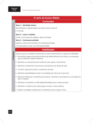 214
Educação
Física Currículo do Estado de São Paulo
3a
- série do Ensino Médio
3º-Bimestre
Conteúdos
Tema 1 – Atividade rítmica
Manifestações e representações da cultura rítmica nacional
O samba•	
Tema 2 – Lazer e trabalho
O lazer como direito do cidadão e dever do Estado
Tema 3 – Contemporaneidade
Esporte e cultura de movimento na contemporaneidade
A virtualização do corpo na contemporaneidade
Habilidades
Espera-se que ao completar este bimestre os alunos desenvolvam as seguintes habilidades:
Reconhecer etapas do processo histórico de desenvolvimento do samba, com destaque•	
para as diferentes regiões brasileiras
Identificar as características do samba de roda: gestos e movimentos•	
Identificar os diferentes instrumentos característicos do samba de roda•	
Construir argumentos sobre a importância do lazer•	
Identificar possibilidades de lazer nas atividades de cultura de movimento•	
Identificar diferenças e semelhanças de valores, interesses e recompensas nas situações de•	
lazer e trabalho
Identificar e reconhecer as dificuldades/facilidades para o acesso ao lazer•	
Identificar a influência das mídias (jogos virtuais) na vida cotidiana•	
Elaborar estratégias cooperativas e competitivas para os jogos virtuais•	
 