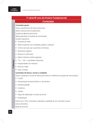 60
Língua
Portuguesa Currículo do Estado de São Paulo
7a
- série/8o
- ano do Ensino Fundamental
1º-Bimestre
Conteúdos
Conteúdos gerais
Traços característicos de textos prescritivos
Gênero textual anúncio publicitário
Estudos de gêneros prescritivos
Textos prescritivos e situações de comunicação
Estudos linguísticos
Conceito de verbo•	
Modo imperativo nas variedades padrão e coloquial•	
Como e por que usar a gramática normativa•	
Imperativo negativo•	
Pesquisa no dicionário•	
Modo indicativo (verbos regulares)•	
“Tu”, “vós” e variedades linguísticas•	
Irregularidades do indicativo•	
Discurso citado•	
Frase e oração•	
Conteúdos de leitura, escrita e oralidade
Leitura, produção e escuta de textos prescritivos em diferentes situações de comunicação
Fruição•	
Interpretação de textos literário e não literário•	
Intertextualidade•	
Coerência•	
Coesão•	
Etapas de elaboração e revisão da escrita•	
Paragrafação•	
Leitura oral: ritmo, entonação, respiração, qualidade de voz, elocução e pausa
Leitura dramática
Roda de conversa
 
