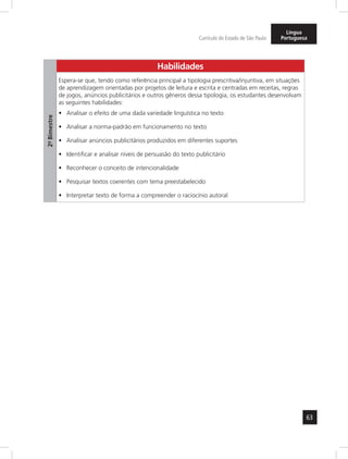 63
Currículo do Estado de São Paulo
Língua
Portuguesa
2º-Bimestre
Habilidades
Espera-se que, tendo como referência principal a tipologia prescritiva/injuntiva, em situações
de aprendizagem orientadas por projetos de leitura e escrita e centradas em receitas, regras
de jogos, anúncios publicitários e outros gêneros dessa tipologia, os estudantes desenvolvam
as seguintes habilidades:
Analisar o efeito de uma dada variedade linguística no texto•	
Analisar a norma-padrão em funcionamento no texto•	
Analisar anúncios publicitários produzidos em diferentes suportes•	
Identificar e analisar níveis de persuasão do texto publicitário•	
Reconhecer o conceito de intencionalidade•	
Pesquisar textos coerentes com tema preestabelecido•	
Interpretar texto de forma a compreender o raciocínio autoral•	
 