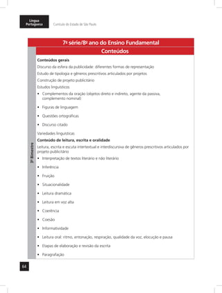 64
Língua
Portuguesa Currículo do Estado de São Paulo
7a
- série/8o
- ano do Ensino Fundamental
3º-Bimestre
Conteúdos
Conteúdos gerais
Discurso da esfera da publicidade: diferentes formas de representação
Estudo de tipologia e gêneros prescritivos articulados por projetos
Construção de projeto publicitário
Estudos linguísticos
Complementos da oração (objetos direto e indireto, agente da passiva,•	
complemento nominal)
Figuras de linguagem•	
Questões ortográficas•	
Discurso citado•	
Variedades linguísticas
Conteúdo de leitura, escrita e oralidade
Leitura, escrita e escuta intertextual e interdiscursiva de gêneros prescritivos articulados por
projeto publicitário
Interpretação de textos literário e não literário•	
Inferência•	
Fruição•	
Situacionalidade•	
Leitura dramática•	
Leitura em voz alta•	
Coerência•	
Coesão•	
Informatividade•	
Leitura oral: ritmo, entonação, respiração, qualidade da voz, elocução e pausa•	
Etapas de elaboração e revisão da escrita•	
Paragrafação•	
 