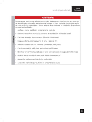 65
Currículo do Estado de São Paulo
Língua
Portuguesa
3º-Bimestre
Habilidades
Espera-se que, tendo como referência principal a tipologia prescritiva/injuntiva, em situações
de aprendizagem orientadas por projetos de leitura e escrita e centradas em receitas, regras
de jogos, anúncios publicitários e outros gêneros dessa tipologia, os estudantes desenvolvam
as seguintes habilidades:
Analisar a norma-padrão em funcionamento no texto•	
Selecionar e escolher anúncios publicitários de acordo com orientações dadas•	
Comparar anúncios, tendo em vista diferentes públicos-alvo•	
Pesquisar objetos culturais a partir de tema e público-alvo•	
Selecionar objetos culturais coerentes com tema e público-alvo•	
Construir estratégia publicitária pertinente ao público-alvo•	
Identificar e reconhecer a produção de texto como processo em etapas de reelaboração•	
Produzir versão final de um texto, com marcas de intervenção•	
Apresentar análises orais de anúncios publicitários•	
Apresentar oralmente os resultados de uma análise de grupo•	
 
