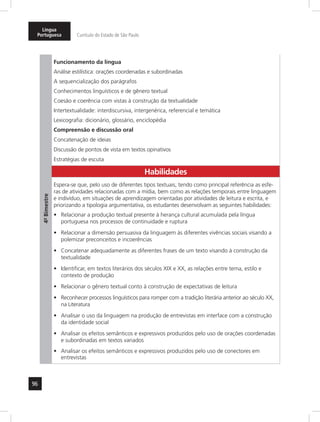 96
Língua
Portuguesa Currículo do Estado de São Paulo
4º-Bimestre
Funcionamento da língua
Análise estilística: orações coordenadas e subordinadas
A sequencialização dos parágrafos
Conhecimentos linguísticos e de gênero textual
Coesão e coerência com vistas à construção da textualidade
Intertextualidade: interdiscursiva, intergenérica, referencial e temática
Lexicografia: dicionário, glossário, enciclopédia
Compreensão e discussão oral
Concatenação de ideias
Discussão de pontos de vista em textos opinativos
Estratégias de escuta
Habilidades
Espera-se que, pelo uso de diferentes tipos textuais, tendo como principal referência as esfe-
ras de atividades relacionadas com a mídia, bem como as relações temporais entre linguagem
e indivíduo, em situações de aprendizagem orientadas por atividades de leitura e escrita, e
priorizando a tipologia argumentativa, os estudantes desenvolvam as seguintes habilidades:
Relacionar a produção textual presente à herança cultural acumulada pela língua•	
portuguesa nos processos de continuidade e ruptura
Relacionar a dimensão persuasiva da linguagem às diferentes vivências sociais visando a•	
polemizar preconceitos e incoerências
Concatenar adequadamente as diferentes frases de um texto visando à construção da•	
textualidade
Identificar, em textos literários dos séculos XIX e XX, as relações entre tema, estilo e•	
contexto de produção
Relacionar o gênero textual conto à construção de expectativas de leitura•	
Reconhecer processos linguísticos para romper com a tradição literária anterior ao século XX,•	
na Literatura
Analisar o uso da linguagem na produção de entrevistas em interface com a construção•	
da identidade social
Analisar os efeitos semânticos e expressivos produzidos pelo uso de orações coordenadas•	
e subordinadas em textos variados
Analisar os efeitos semânticos e expressivos produzidos pelo uso de conectores em•	
entrevistas
 