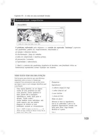 Capítulo VI – A vida em uma sociedade letrada

     Desenvolvendo competências
2    1. (Enem/MEC)




          Folha de S. Paulo, São Paulo, 6 out. 1992.


     O problema enfrentado pelo migrante e o sentido da expressão “sustança” expressos
     nos quadrinhos, podem ser, respectivamente, relacionados a
     a) rejeição / alimentos básicos.
     b) discriminação / força de trabalho.
     c) falta de compreensão / matérias-primas.
     d) preconceito / vestuário.
     e) legitimidade / sobrevivência.

     2. Qual é o contexto dos quadrinhos (seqüência de desenhos, com finalidade crítica ou
     humorística) reproduzidos acima? Explique sua resposta.




    TODO TEXTO TEM UM UMA FUNÇÃO
    Você já parou para observar que uma diferença
    importante entre os textos é a função que
    cumprem? Leia atentamente cada um dos textos              Panquecas
    que segue e veja se você consegue identificar qual
                                                              Ingredientes:
    a sua função:
                                                              3 colheres (sopa) de trigo
       Uma raposa faminta, ao ver alguns
       cachos de uvas pendentes de uma                        1 colher (chá) de sal
       certa parreira, tentou apoderar-se                     2 ovos inteiros
       deles, porém não o conseguiu.
       Afastando-se, então, dizia para si                     1 xícara de leite
       mesma: “Estão verdes”.                                 Modo de fazer:
       Assim também certos indivíduos, não
       sendo capazes, por sua própria                         Mistura-se bem os ingredientes,
       fraqueza, de resolver os seus                          tira-se às colheradas e põe-se na
       problemas, acusam as circunstâncias.                   frigideira (ligeiramente untada com
                                                              óleo) para fritar. Fogo brando.
       Texto 1 - ESOPO. A raposa e as uvas. In: ______. As
                                                              Recheia-se a gosto.
       fábulas de Esopo. Tradução de Manuel Aveleza. Rio de
       Janeiro: [s.n.], 1999. p. 309.                         Texto 2




                                                                                                    109
 