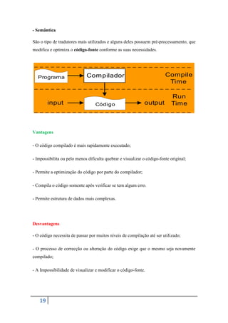 - Semântica

São o tipo de tradutores mais utilizados e alguns deles possuem pré-processamento, que
modifica e optimiza o código-fonte conforme as suas necessidades.




   Programa                  Compilador                                  Compile
                                                                          Time

                                                                            Run
        input                     Códi go                    output         Time



Vantagens

- O código compilado é mais rapidamente executado;

- Impossibilita ou pelo menos dificulta quebrar e visualizar o código-fonte original;

- Permite a optimização do código por parte do compilador;

- Compila o código somente após verificar se tem algum erro.

- Permite estrutura de dados mais complexas.




Desvantagens

- O código necessita de passar por muitos níveis de compilação até ser utilizado;

- O processo de correcção ou alteração do código exige que o mesmo seja novamente
compilado;

- A Impossibilidade de visualizar e modificar o código-fonte.




   19
 