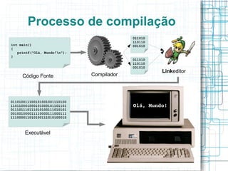 Processo de compilação
                                           011010
                                           110110
int main()                                 001010
{
   printf("Olá, Mundo!n");
}
                                           011010
                                           110110
                                           001010
                                                    Linkeditor
     Código Fonte             Compilador




011010011100101001001110100
110110001000101000101101101                Olá, Mundo!
011101110111010100111010101
001001000011110000111000111
111000011010100111010100010



      Executável
 