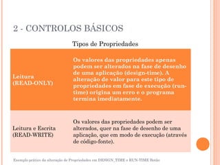 2 - CONTROLOS BÁSICOS
                              Tipos de Propriedades

                               Os valores das propriedades apenas
                               podem ser alterados na fase de desenho
                               de uma aplicação (design-time). A
Leitura                        alteração de valor para este tipo de
(READ-ONLY)                    propriedades em fase de execução (run-
                               time) origina um erro e o programa
                               termina imediatamente.



                               Os valores das propriedades podem ser
Leitura e Escrita              alterados, quer na fase de desenho de uma
(READ-WRITE)                   aplicação, que em modo de execução (através
                               de código-fonte).


Exemplo prático da alteração de Propriedades em DESIGN_TIME e RUN-TIME Botão
 