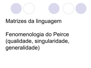 Matrizes da linguagem

Fenomenologia do Peirce
(qualidade, singularidade,
generalidade)
 