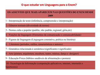 OS ASSUNTOS QUE MAIS APARECEM NAS QUESTÕES DO ENEM DESDE
2009
1 - Interpretação de texto (inferência, compreensão e interpretação)
2 - Gêneros textuais (diversidade de textos)
3 - Norma culta e popular (padrão, não padrão, regional, gíria,etc)
4 - Funções da linguagem (Elementos da comunicação e comunicabilidade)
5 - Figuras de linguagem (Linguagem conotativa, poética ou literária)
6 – Literatura (períodos, estilos, características e autores)
7 - Gramática relacionada à semântica (significante e significado)
8 - Arte (pintura, arquitetura, escultura, teatro, música, dança e designer)
9 - Educação Física (hábitos saudáveis de alimentação e postura)
10 -Tecnologia da Informação (computação,aplicativos, internet, internetês e
hipertextos)
O que estudar em Linguagens para o Enem?
 