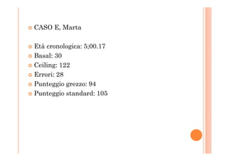 CASO E, Marta
Età cronologica: 5;00.17
Basal: 30
Ceiling: 122
Errori: 28
Punteggio grezzo: 94Punteggio grezzo: 94
Punteggio standard: 105
 