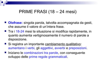 PRIME FRASI (18 – 24 mesi)
 Olofrase: singola parola, talvolta accompagnata da gesti,
che assume il valore di un’intera frase.
 Tra i 18-24 mesi la situazione si modifica rapidamente, in
quanto aumenta vertiginosamente il numero di parole a
disposizione.
 Si registra un importante cambiamento qualitativo:
aumentano i verbi, gli aggettivi, avverbi e preposizioni.
 Iniziano le combinazioni tra parole, con conseguente
sviluppo delle prime regole grammaticali.
 