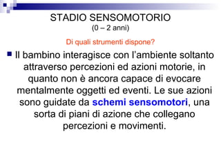 STADIO SENSOMOTORIO
(0 – 2 anni)
Di quali strumenti dispone?
 Il bambino interagisce con l’ambiente soltanto
attraverso percezioni ed azioni motorie, in
quanto non è ancora capace di evocare
mentalmente oggetti ed eventi. Le sue azioni
sono guidate da schemi sensomotori, una
sorta di piani di azione che collegano
percezioni e movimenti.
 