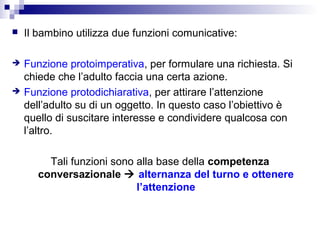 

Il bambino utilizza due funzioni comunicative:



Funzione protoimperativa, per formulare una richiesta. Si
chiede che l’adulto faccia una certa azione.
Funzione protodichiarativa, per attirare l’attenzione
dell’adulto su di un oggetto. In questo caso l’obiettivo è
quello di suscitare interesse e condividere qualcosa con
l’altro.



Tali funzioni sono alla base della competenza
conversazionale  alternanza del turno e ottenere
l’attenzione

 