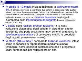 

IV stadio (8-12 mesi): inizia a delinearsi la distinzione mezzifini. (Il bambino comincia a coordinare due schemi in sequenza, nella quale il
primo costituisce il presupposto per l’attivazione del secondo (es. puntare il dito
verso il biberon per farselo dare. Compare la sistematicità e l’intenzionalità
nell’esplorazione che porta a conoscere le proprietà degli oggetti.
.Comparsa della Permanenza dell’oggetto (ricerca dell’oggetto,
errore <A non B>).





V stadio delle reazioni circolari terziarie (12-18 mesi):
variazione sistematica degli schemi in vista di un effetto
desiderato che porta a costruire nuovi schemi, attraverso la
sperimentazione attiva e di conoscere meglio le proprietà
degli oggetti (reazioni circolari terziarie).
VI stadio (18-24 mesi): compare la funzione simbolica, intesa
come la capacità di rappresentare mediante simboli
(immagini, nomi, pensieri) qualcosa che non è presente e
usarli come mezzi per raggiungere un fine.

 