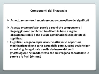 Componenti del linguaggio
 Aspetto semantico: i suoni servono a convogliare dei significati
 Aspetto grammaticale: parole e suoni che compongono il
linguaggio sono combinati tra di loro in base a regole
abbastanza stabili e che queste combinazioni sono dotate di
significati.
• I significati vengono espressi anche attraverso opportuna
modificazione di una certa parte della parola, come avviene per
es. nel singolare/plurale o nelle desinenze dei verbi
(morfologia) e nel modo stesso con cui vengono concatenate le
parole e le frasi (sintassi)

 