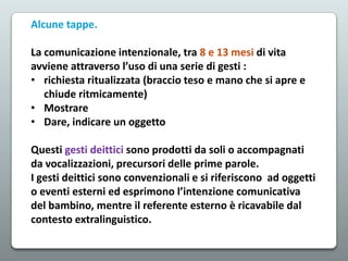 Alcune tappe.

La comunicazione intenzionale, tra 8 e 13 mesi di vita
avviene attraverso l’uso di una serie di gesti :
• richiesta ritualizzata (braccio teso e mano che si apre e
chiude ritmicamente)
• Mostrare
• Dare, indicare un oggetto
Questi gesti deittici sono prodotti da soli o accompagnati
da vocalizzazioni, precursori delle prime parole.
I gesti deittici sono convenzionali e si riferiscono ad oggetti
o eventi esterni ed esprimono l’intenzione comunicativa
del bambino, mentre il referente esterno è ricavabile dal
contesto extralinguistico.

 