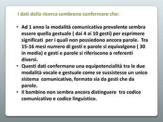 I dati della ricerca sembrano confermare che:
• Ad 1 anno la modalità comunicativa prevalente sembra
essere quella gestuale ( dai 4 ai 10 gesti) per esprimere
significati per i quali non possiedono ancora parole. Tra
15-16 mesi numero di gesti e parole si equivalgono ( 30
in media) e gesti e parole si riferiscono a referenti
diversi.
• Questi dati confermano una equipotenzialità tra le due
modalità vocale e gestuale come se sussistesse un unico
sistema comunicativo, formato sia da gesti che da
parole.
• Il bambino non sembra ancora distinguere tra codice
comunicativo e codice linguistico.

 