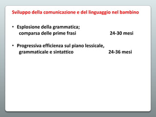 Sviluppo della comunicazione e del linguaggio nel bambino
• Esplosione della grammatica;
comparsa delle prime frasi

24-30 mesi

• Progressiva efficienza sul piano lessicale,
grammaticale e sintattico
24-36 mesi

 