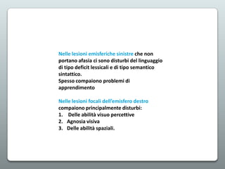 Nelle lesioni emisferiche sinistre che non
portano afasia ci sono disturbi del linguaggio
di tipo deficit lessicali e di tipo semantico
sintattico.
Spesso compaiono problemi di
apprendimento

Nelle lesioni focali dell’emisfero destro
compaiono principalmente disturbi:
1. Delle abilità visuo percettive
2. Agnosia visiva
3. Delle abilità spaziali.

 