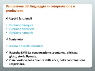 Valutazione del linguaggio in comprensione e
produzione
Aspetti funzionali
• Funzione dialogica
• Funzione discorsiva
• Funzione narrativa
Contenuto
• Lessico e aspetti semantici
 Raccolta LME da conversazione spontanea, elicitata,
gioco, storie figurate.
 Osservazione della fluenza della voce, della coordinazione
respiratoria

 