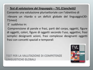 Test di valutazione del linguaggio – TVL (Cianchetti)
Consente una valutazione plurisettoriale con l'obiettivo di
rilevare un ritardo o un deficit globale del linguaggio(3071mesi)
E' suddiviso in:
Comprensione di parole e frasi, parti del corpo, oggetti, figure
di oggetti, colori, figure di oggetti secondo l'uso, aggettivi, frasi
semplici designanti azioni, frasi complesse designanti oggetti
frasi con concetti spaziali e temporali


TEST PER LA VALUTAZIONE DI COMPETENZE
LINGUISTICHE GLOBALI

 