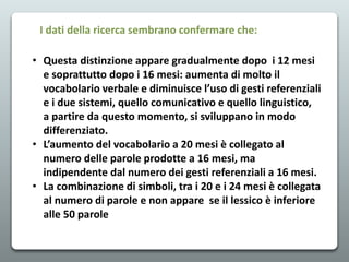 • Questa distinzione appare gradualmente dopo i 12 mesi
e soprattutto dopo i 16 mesi: aumenta di molto il
vocabolario verbale e diminuisce l’uso di gesti referenziali
e i due sistemi, quello comunicativo e quello linguistico,
a partire da questo momento, si sviluppano in modo
differenziato.
• L’aumento del vocabolario a 20 mesi è collegato al
numero delle parole prodotte a 16 mesi, ma
indipendente dal numero dei gesti referenziali a 16 mesi.
• La combinazione di simboli, tra i 20 e i 24 mesi è collegata
al numero di parole e non appare se il lessico è inferiore
alle 50 parole
I dati della ricerca sembrano confermare che:
 