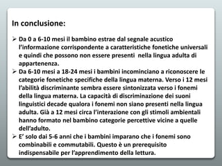 In conclusione:
 Da 0 a 6-10 mesi il bambino estrae dal segnale acustico
l’informazione corrispondente a caratteristiche fonetiche universali
e quindi che possono non essere presenti nella lingua adulta di
appartenenza.
 Da 6-10 mesi a 18-24 mesi i bambini incominciano a riconoscere le
categorie fonetiche specifiche della lingua materna. Verso i 12 mesi
l’abilità discriminante sembra essere sintonizzata verso i fonemi
della lingua materna. La capacità di discriminazione dei suoni
linguistici decade qualora i fonemi non siano presenti nella lingua
adulta. Già a 12 mesi circa l’interazione con gli stimoli ambientali
hanno formato nel bambino categorie percettive vicine a quelle
dell’adulto.
 E’ solo dai 5-6 anni che i bambini imparano che i fonemi sono
combinabili e commutabili. Questo è un prerequisito
indispensabile per l’apprendimento della lettura.
 