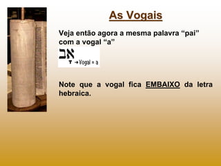 As Vogais
Veja então agora a mesma palavra “pai”
com a vogal “a”




Note que a vogal fica EMBAIXO da letra
hebraica.
 