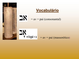 Vocabulário

= av = pai (consonantal)




       = av = pai (massorético)
 