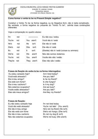 6
ESCOLA MUNICIPAL LÚCIA FARAGE FREITAS GUMIERO
DIREÇÃO TÓ, KARINA E DIMAS
PEDAGOGA RAQUEL
ATIVIDADE DE LÍNGUA INGLESA EJA
Como formar o verbo to be no Present Simple negativo?
Construir o Verbo To be na forma negativa, ou na Negative form, não é nada complicado.
Na verdade, a forma negativa do presente do "Verbo To be", admite duas construções
diferentes:
Veja a comparação no quadro abaixo:
I'm not
You're not
He's not
She's not
It's not
We're not
You're not
They're not
---------------
You aren't
He isn't
She isn't
It isn't
We aren't
You aren't
They aren't
Eu não sou / estou
Você não é / está
Ele não é / está
Ela não é / está
(Ele/ela) não é / está (coisas ou animais)
Nós não somos /estamos
Vocês não são / estão
Eles não são / estão
Frases de fixação do verbo to be na forma interrogativa:
Eu estou cansado hoje? Am I tired today?
Você está atrasado? Are you late?
Ele é meu amigo? Is he my friend?
Ela está com fome? Is she hungry?
Ele é meu cachorro? Is it my dog?
Nós estamos ocupados? Are we busy?
Vocês estão atrasados? Are you late?
Eles são meus amigos? Are they my friends?
Frases de fixação:
Eu não estou cansado hoje I'm not tired today
Você não está atrasado! You're not late! (You aren't)
Ele não é meu amigo He's not my friend (He isn't)
Ela não está com fome She's not hungry (She isn't)
Ele não é meu cachorro It's not my dog (It isn't)
Nós não estamos ocupados We're not busy (We aren't)
 