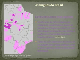 Família	
  linguística	
  tupi-­‐guarani	
  	
  
v  Grande	
  parte	
  das	
  tribos	
  indígenas	
  que	
  
habitavam	
  o	
  litoral	
  brasileiro,	
  quando	
  da	
  
chegada	
  dos	
  portugueses	
  ao	
  Brasil	
  em	
  1500,	
  
falava	
  línguas	
  pertencentes	
  a	
  esta	
  família.	
  A	
  
família	
  está	
  compreendida	
  num	
  grupo	
  
linguístico	
  maior,	
  o	
  tronco	
  tupi.	
  
v  É	
  uma	
  das	
  mais	
  importantes	
  da	
  América	
  do	
  
Sul.	
  Engloba	
  várias	
  línguas	
  indígenas,	
  entre	
  
as	
  quais	
  	
  o	
  guarani,	
  um	
  dos	
  idiomas	
  oﬁciais	
  
do	
  Paraguai.	
  	
  
As	
  línguas	
  do	
  Brasil	
  
Violeta:	
  língua	
  tupi/	
  Rosa:	
  tupi-­‐guarani	
  
 