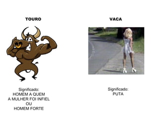 TOURO Significado: HOMEM A QUEM A MULHER FOI INFIEL OU HOMEM FORTE Significado: PUTA VACA 