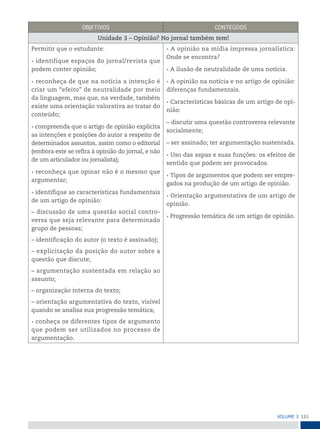 115
VoLume 3
oBjetiVos ConteÚDos
Unidade 3 – Opinião? No jornal também tem!
Permitir que o estudante:
• identifique espaços do jornal/revista que
podem conter opinião;
• reconheça de que na notícia a intenção é
criar um “efeito” de neutralidade por meio
da linguagem, mas que, na verdade, também
existe uma orientação valorativa ao tratar do
conteúdo;
• compreenda que o artigo de opinião explicita
as intenções e posições do autor a respeito de
determinados assuntos, assim como o editorial
(embora este se refira à opinião do jornal, e não
de um articulador ou jornalista);
• reconheça que opinar não é o mesmo que
argumentar;
• identifique as características fundamentais
de um artigo de opinião:
– discussão de uma questão social contro-
versa que seja relevante para determinado
grupo de pessoas;
– identificação do autor (o texto é assinado);
– explicitação da posição do autor sobre a
questão que discute;
– argumentação sustentada em relação ao
assunto;
– organização interna do texto;
– orientação argumentativa do texto, visível
quando se analisa sua progressão temática;
• conheça os diferentes tipos de argumento
que podem ser utilizados no processo de
argumentação.
• A opinião na mídia impressa jornalística:
Onde se encontra?
• A ilusão de neutralidade de uma notícia.
• A opinião na notícia e no artigo de opinião:
diferenças fundamentais.
• Características básicas de um artigo de opi-
nião:
– discutir uma questão controversa relevante
socialmente;
– ser assinado; ter argumentação sustentada.
• Uso das aspas e suas funções: os efeitos de
sentido que podem ser provocados.
• Tipos de argumentos que podem ser empre-
gados na produção de um artigo de opinião.
• Orientação argumentativa de um artigo de
opinião.
• Progressão temática de um artigo de opinião.
 