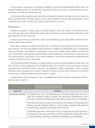 135
VoLume 3
É interessante organizar um espaço no CEEJA no qual você disponibilize vários livros ou
contos fantásticos para os estudantes, apresentando-lhes cada um e orientando-os para que
escolham uma obra para levar para ler.
Você pode, então, explicar para eles sobre os recados de leitura que vão escrever e deixar no
mural quando forem ao CEEJA. Sugere-se que, nessa ocasião, você já tenha organizado o mural
e deixado um recado ou dois para o grupo, comentando o que leu.
Momento 3
Depois de preparar o espaço para a roda de leitores, é hora de receber os estudantes para
que cada um apresente comentários sobre a obra que já leu ou que está lendo, dizendo se está
gostando dela ou não e por quê.
A ideia é que você seja o primeiro a fazer os comentários, pois, dessa forma, oferecerá refe-
rências sobre como fazê-los.
Além disso, observe os aspectos da obra que os estudantes vão apontando nos comentários
que realizam. Um dos seus papéis nesse processo é ampliar as referências que os estudantes
já possuem sobre o que pode ser comentado em uma obra. Sendo assim, elabore comentários
que “conversem” com aqueles apresentados pelos estudantes, introduzindo novos aspectos
não mencionados, colocando-os no mural também. Use esse procedimento especialmente
quando você já leu a obra comentada.
Você também poderá fomentar a conversa sobre as obras, fazendo perguntas sobre elas, nas
quais focalize outros aspectos, não abordados antes. Por exemplo: se um estudante comenta
que gostou do conteúdo da obra, comente – ou pergunte – sobre a linguagem, sobre o projeto
editorial, sobre a perspectiva da qual o assunto é tratado. Utilize como referência os critérios
de apreciação estética apresentados no quadro a seguir.
O importante, nesse momento, é agir como leitor interessado no que o outro pensa sobre o
que leu, seja o que for.
ConteÚDos De ensino De LeiturA
Critérios De ApreCiAção estétiCA
Aspectos Critérios
Conteúdo temático a) simpatia por e/ou identificação com um personagem (um persona-
gem do seu gênero, idade ou região, com problemas semelhantes, com
virtudes ou defeitos semelhantes, fisicamente parecido, por exemplo);
b) preferência pessoal pelo assunto/tema (rivalidade entre grupos da
escola; amizade; relações afetivas – como namoro; ligação com animais
de estimação, esportes preferidos, entre outros);
c) identificação com a trama (em razão do lugar em que tudo acontece,
do tempo em que uma narrativa ou relato se passam, do tipo de trama
– se de aventura, romance, de detetive, fantástica, por exemplo);
 