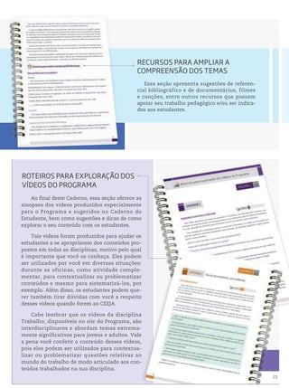 Ao final deste Caderno, essa seção oferece as
sinopses dos vídeos produzidos especialmente
para o Programa e sugeridos no Caderno do
Estudante, bem como sugestões e dicas de como
explorar o seu conteúdo com os estudantes.
Tais vídeos foram produzidos para ajudar os
estudantes a se apropriarem dos conteúdos pro-
postos em todas as disciplinas, motivo pelo qual
é importante que você os conheça. Eles podem
ser utilizados por você em diversas situações:
durante as oficinas, como atividade comple-
mentar, para contextualizar ou problematizar
conteúdos e mesmo para sistematizá-los, por
exemplo. Além disso, os estudantes podem que-
rer também tirar dúvidas com você a respeito
desses vídeos quando forem ao CEEJA.
Cabe lembrar que os vídeos da disciplina
Trabalho, disponíveis no site do Programa, são
interdisciplinares e abordam temas extrema-
mente significativos para jovens e adultos. Vale
a pena você conferir o conteúdo desses vídeos,
pois eles podem ser utilizados para contextua-
lizar ou problematizar questões relativas ao
mundo do trabalho de modo articulado aos con-
teúdos trabalhados na sua disciplina.
roteiros pArA eXpLorAção Dos
VÍDeos Do proGrAmA
reCursos pArA AmpLiAr A
Compreensão Dos temAs
Essa seção apresenta sugestões de referen-
cial bibliográfico e de documentários, filmes
e canções, entre outros recursos que possam
apoiar seu trabalho pedagógico e/ou ser indica-
dos aos estudantes.
21
 
