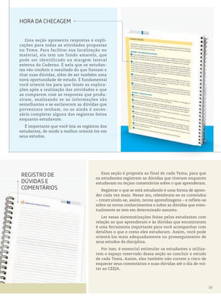 Essa seção apresenta respostas e expli-
cações para todas as atividades propostas
no Tema. Para facilitar sua localização no
material, ela tem um fundo amarelo, que
pode ser identificado na margem lateral
externa do Caderno. É nela que os estudan-
tes vão conferir o resultado do que fizeram e
tirar suas dúvidas, além de ser também uma
nova oportunidade de estudo. É fundamental
você orientá-los para que leiam as explica-
ções após a realização das atividades e que
as comparem com as respostas que produ-
ziram, analisando se as informações são
semelhantes e se esclarecem as dúvidas que
porventura tenham, ou se ainda é neces-
sário completar alguns dos registros feitos
enquanto estudavam.
É importante que você leia os registros dos
estudantes, de modo a melhor orientá-los em
seus estudos.
Essa seção é proposta ao final de cada Tema, para que
os estudantes registrem as dúvidas que tiveram enquanto
estudavam ou teçam comentários sobre o que aprenderam.
Registrar o que se está estudando é uma forma de apren-
der cada vez mais. Nesse ato, relembram-se os conteúdos
– construindo-se, assim, novas aprendizagens – e reflete-se
sobre os novos conhecimentos e sobre as dúvidas que even-
tualmente se tem em determinado assunto.
Ler essas sistematizações feitas pelos estudantes com
relação ao que aprenderam e às dúvidas que encontraram
é uma ferramenta importante para você acompanhar com
detalhes o que e como eles estudaram. Assim, você pode
orientá-los mais adequadamente no prosseguimento de
seus estudos da disciplina.
Por isso, é essencial estimular os estudantes a utiliza-
rem o espaço reservado dessa seção ao concluir o estudo
de cada Tema. Assim, eles também não correm o risco de
esquecer seus comentários e suas dúvidas até o dia de vol-
tar ao CEEJA.
HorA DA CHeCAGem
reGistro De
DÚViDAs e
Comentários
25
 