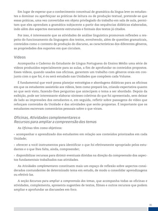 35
Em lugar de esperar que o conhecimento conceitual de gramática da língua leve os estudan-
tes a dominar ou aperfeiçoar as práticas de leitura ou de produção textual, pretende-se que
essas práticas, uma vez convertidas em objeto privilegiado do trabalho em sala de aula, permi-
tam que eles aprendam a gramática subjacente a partir das sequências didáticas elaboradas,
indo além dos aspectos meramente estruturais e formais dos textos já citados.
Por isso, é interessante que as atividades de análise linguística promovam reflexões a res-
peito do funcionamento da linguagem dos textos, envolvendo, além de questões gramaticais,
conteúdos como o contexto de produção do discurso, as características dos diferentes gêneros,
as propriedades dos suportes em que circulam.
Vídeos
Acompanha o Caderno do Estudante de Língua Portuguesa do Ensino Médio uma série de
vídeos produzidos especialmente para as aulas, a fim de aprofundar os conteúdos propostos.
Esses vídeos, quando usados nas oficinas, garantem um trabalho com gêneros orais em con-
junto com o que foi, é ou será estudado nas Unidades que compõem cada Volume.
É fundamental que você possa planejar estratégias e abordagens didáticas para as oficinas
em que os estudantes assistirão aos vídeos, bem como prepará-los, criando expectativa quanto
ao que será visto, fazendo-lhes perguntas que antecipem o tema a ser abordado. Depois da
exibição, pode ser interessante elaborar sínteses coletivas do que foi apresentado, sem deixar
de lado as impressões dos estudantes e, em seguida, refletir sobre passagens do vídeo que
reforçam conteúdos da Unidade e das atividades que serão propostas. É importante que os
estudantes escrevam comentários pessoais sobre o que viram.
Oficinas, Atividades complementares e
Recursos para ampliar a compreensão dos temas
As Oficinas têm como objetivos:
• acompanhar o aprendizado dos estudantes em relação aos conteúdos priorizados em cada
Unidade;
• oferecer a você instrumentos para identificar o que foi efetivamente apropriado pelos estu-
dantes e o que lhes falta, ainda, compreender;
• disponibilizar recursos para dirimir eventuais dúvidas na direção da compreensão dos aspec-
tos fundamentais trabalhados nas atividades.
As Atividades complementares constituem mais um espaço de reflexão sobre aspectos consi-
derados contundentes de determinado tema em estudo, de modo a consolidar aprendizagens
ou efetivá-las.
A seção Recursos para ampliar a compreensão dos temas, que acompanha todas as oficinas e
atividades, complementa, apresenta sugestões de textos, filmes e outros recursos que podem
ampliar e aprofundar as discussões em foco.
 