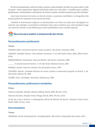 53
VoLume 1
No dia da apresentação, antes de recitar o poema, cada estudante vai falar um pouco sobre a vida
do poeta – datas importantes, alguma informação sobre sua a obra dele – e justificar para o público
(professores, coordenadores e estudantes de outras turmas) a escolha do poema que será recitado.
Caso haja interesse da turma, no dia do evento, os poemas escolhidos e as biografias dos
poetas podem ser expostos num mural da escola.
Também é interessante registrar as declamações em vídeo ou áudio para divulgação na
internet, por exemplo, ou possíveis avaliações, bem como combinar que cada estudante traga
um prato de comida e uma bebida para serem partilhados nessa ocasião especial.
Para professores e professoras
Textos
COSSON, Rildo. Letramento literário: teoria e prática. São Paulo: Contexto, 2006.
GANCHO, Cândida Vilares. Como analisar narrativas. 9. ed. São Paulo: Ática, 2006. (Série Princí-
pios).
MAINGUENEAU, Dominique. Discurso literário. São Paulo: Contexto, 2006.
______. O contexto da obra literária. 3. ed. São Paulo: Martins Fontes, 2001.
PENNAC, Daniel. Como um romance. Rio de Janeiro: Rocco, 1997.
TAVARES, Bráulio. Contando histórias em versos: poesia e romanceiro popular no Brasil. 2. ed.
São Paulo: Editora 34, 2009.
VALÉRY, Paul. Variedades. São Paulo: Iluminuras, 2007.
Para professores, professoras e estudantes
Filmes
Palavra encantada. Direção: Helena Solberg. Brasil, 2009. 86 min. Livre.
Poeta de sete faces. Direção: Paulo Thiago. Brasil, 2002. 94 min. Livre.
Só dez por cento é mentira: a desbiografia oficial de Manoel de Barros. Direção: Pedro Cezar.
Brasil, 2008. 76 min. Livre.
Para estudantes
Textos
ANDRADE, Carlos Drummond de. Antologia poética. São Paulo: Companhia das Letras, 2012.
 