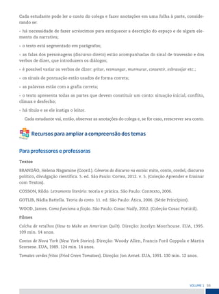 59
VoLume 1
Cada estudante pode ler o conto do colega e fazer anotações em uma folha à parte, conside-
rando se:
• há necessidade de fazer acréscimos para enriquecer a descrição do espaço e de algum ele-
mento da narrativa;
• o texto está segmentado em parágrafos;
• as falas dos personagens (discurso direto) estão acompanhadas do sinal de travessão e dos
verbos de dizer, que introduzem os diálogos;
• é possível variar os verbos de dizer: gritar, resmungar, murmurar, consentir, esbravejar etc.;
• os sinais de pontuação estão usados de forma correta;
• as palavras estão com a grafia correta;
• o texto apresenta todas as partes que devem constituir um conto: situação inicial, conflito,
clímax e desfecho;
• há título e se ele instiga o leitor.
Cada estudante vai, então, observar as anotações do colega e, se for caso, reescrever seu conto.
Para professores e professoras
Textos
BRANDÃO, Helena Nagamine (Coord.). Gêneros do discurso na escola: mito, conto, cordel, discurso
político, divulgação científica. 5. ed. São Paulo: Cortez, 2012. v. 5. (Coleção Aprender e Ensinar
com Textos).
COSSON, Rildo. Letramento literário: teoria e prática. São Paulo: Contexto, 2006.
GOTLIB, Nádia Battella. Teoria do conto. 11. ed. São Paulo: Ática, 2006. (Série Princípios).
WOOD, James. Como funciona a ficção. São Paulo: Cosac Naify, 2012. (Coleção Cosac Portátil).
Filmes
Colcha de retalhos (How to Make an American Quilt). Direção: Jocelyn Moorhouse. EUA, 1995.
109 min. 14 anos.
Contos de Nova York (New York Stories). Direção: Woody Allen, Francis Ford Coppola e Martin
Scorsese. EUA, 1989. 124 min. 14 anos.
Tomates verdes fritos (Fried Green Tomatoes). Direção: Jon Avnet. EUA, 1991. 130 min. 12 anos.
 