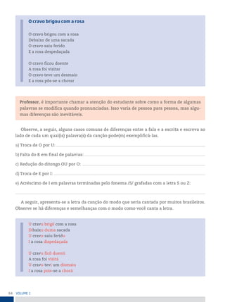 64 VoLume 1
O cravo brigou com a rosa
O cravo brigou com a rosa
Debaixo de uma sacada
O cravo saiu ferido
E a rosa despedaçada
O cravo ficou doente
A rosa foi visitar
O cravo teve um desmaio
E a rosa pôs-se a chorar
Professor, é importante chamar a atenção do estudante sobre como a forma de algumas
palavras se modifica quando pronunciadas. Isso varia de pessoa para pessoa, mas algu-
mas diferenças são inevitáveis.
Observe, a seguir, alguns casos comuns de diferenças entre a fala e a escrita e escreva ao
lado de cada um qual(is) palavra(s) da canção pode(m) exemplificá-las.
a) Troca de O por U:
b) Falta do R em final de palavras:
c) Redução do ditongo OU por O:
d) Troca de E por I:
e) Acréscimo de I em palavras terminadas pelo fonema /S/ grafadas com a letra S ou Z:
A seguir, apresenta-se a letra da canção do modo que seria cantada por muitos brasileiros.
Observe se há diferenças e semelhanças com o modo como você canta a letra.
U cravu brigô com a rosa
Dibaixu duma sacada
U cravu saiu feridu
I a rosa dispedaçada
U cravu ficô duenti
A rosa foi visitá
U cravu tevi um dismaiu
I a rosa pois-se a chorá
 