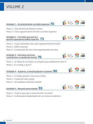 66 VoLume 2
Unidade 1 ‒ A carta de leitor na mídia impressa 70
Tema 1 – Uma história de leitores e cartas
Tema 2 – Carta argumentativa de leitor na mídia impressa
Unidade 2 ‒ Um leitor que pensa e
que diz o que pensa sobre o que leu 73
Tema 1 – O que caracteriza uma carta argumentativa de leitor?
Tema 2 – Editar é preciso
Tema 3 – A elaboração de uma carta argumentativa de leitor
Unidade 3 ‒ Para bem escrever:
a coerência e a coesão dos textos 76
Tema 1 – As ideias de um texto e as relações que estabelecem entre si
Tema 2 – E a coesão, o que é?
Unidade 4 ‒ A poesia, a canção popular e o poema 90
Tema 1 – A canção popular: suas asas e raízes
Tema 2 – O parto de uma canção
Tema 3 – As múltiplas vozes das canções
Unidade 5 ‒ Resumir para estudar 93
Tema 1 – O que é, para que e como resumir um texto?
Tema 2 – A elaboração independente de um resumo acadêmico
VoLume 2
 