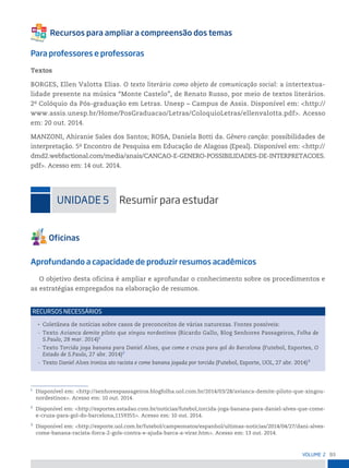 93
VoLume 2
Para professores e professoras
Textos
BORGES, Ellen Valotta Elias. O texto literário como objeto de comunicação social: a intertextua-
lidade presente na música “Monte Castelo”, de Renato Russo, por meio de textos literários.
2o
Colóquio da Pós-graduação em Letras. Unesp – Campus de Assis. Disponível em: <http://
www.assis.unesp.br/Home/PosGraduacao/Letras/ColoquioLetras/ellenvalotta.pdf>. Acesso
em: 20 out. 2014.
MANZONI, Ahiranie Sales dos Santos; ROSA, Daniela Botti da. Gênero canção: possibilidades de
interpretação. 5o
Encontro de Pesquisa em Educação de Alagoas (Epeal). Disponível em: <http://
dmd2.webfactional.com/media/anais/CANCAO-E-GENERO-POSSIBILIDADES-DE-INTERPRETACOES.
pdf>. Acesso em: 14 out. 2014.
uniDADe 5 resumir para estudar
Aprofundando a capacidade de produzir resumos acadêmicos
O objetivo desta oficina é ampliar e aprofundar o conhecimento sobre os procedimentos e
as estratégias empregados na elaboração de resumos.
• Coletânea de notícias sobre casos de preconceitos de várias naturezas. Fontes possíveis:
— Texto Avianca demite piloto que xingou nordestinos (Ricardo Gallo, Blog Senhores Passageiros, Folha de
S.Paulo, 28 mar. 2014)1
— Texto Torcida joga banana para Daniel Alves, que come e cruza para gol do Barcelona (Futebol, Esportes, O
Estado de S.Paulo, 27 abr. 2014)2
— Texto Daniel Alves ironiza ato racista e come banana jogada por torcida (Futebol, Esporte, UOL, 27 abr. 2014)3
reCursos neCessários
1
Disponível em: <http://senhorespassageiros.blogfolha.uol.com.br/2014/03/28/avianca-demite-piloto-que-xingou-
nordestinos>. Acesso em: 10 out. 2014.
2
Disponível em: <http://esportes.estadao.com.br/noticias/futebol,torcida-joga-banana-para-daniel-alves-que-come-
e-cruza-para-gol-do-barcelona,1159355>. Acesso em: 10 out. 2014.
3
Disponível em: <http://esporte.uol.com.br/futebol/campeonatos/espanhol/ultimas-noticias/2014/04/27/dani-alves-
come-banana-racista-forca-2-gols-contra-e-ajuda-barca-a-virar.htm>. Acesso em: 13 out. 2014.
 