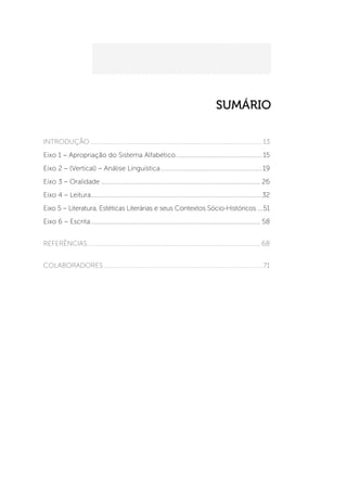 SUMÁRIO
Introdução.......................................................................................................... 13
Eixo 1 – Apropriação do Sistema Alfabético...................................................... 15
Eixo 2 – (Vertical) – Análise Linguística...............................................................19
Eixo 3 – Oralidade................................................................................................... 26
Eixo 4 – Leitura.........................................................................................................32
Eixo 5 – Literatura, Estéticas Literárias e seus Contextos Sócio-Históricos.....51
Eixo 6 – Escrita......................................................................................................... 58
Referências........................................................................................................... 68
colaboradores.................................................................................................. 71

 
