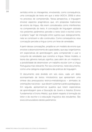 14

sentidos entre os interagentes, envolvendo, como consequência,
uma concepção de texto em que o leitor (KOCH, 2006) é ativo
no processo de compreensão. Nessa perspectiva, a linguagem
envolve aspectos pragmáticos que, em propostas tradicionais
de ensino da língua, não eram considerados como interferentes
na compreensão do texto. A concepção de linguagem adotada
nos presentes parâmetros percebe o texto (oral e escrito) como
o próprio “lugar” de interação entre sujeitos que, dialogicamente,
nele se constroem e são construídos. Como consequência, essa
concepção percebe a língua como um feixe de variedades.
A partir dessas concepções, propõe-se um modelo de ensino que
envolve o desenvolvimento de capacidades, que aqui organizamos
em expectativas de aprendizagem, para compreender e usar o
conjunto de variedades que constitui a língua. Nesse modelo, a
teoria dos gêneros textuais significa, para além de um modismo,
a possibilidade de desenvolver um trabalho escolar com a Língua
Portuguesa mais relevante. Por isso a tomamos, neste documento,
como uma categoria organizadora das práticas de linguagem.
O documento está dividido em seis eixos, cada um deles
acompanhado de textos introdutórios que apresentam uma
síntese dos pressupostos teórico-metodológicos – alinhados às
orientações nacionais – que devem sustentar a prática pedagógica.
Em seguida, apresentam-se quadros que listam expectativas
de aprendizagem para a Educação de Jovens e Adultos (Ensino
Fundamental e Ensino Médio), que dizem respeito à formação do
leitor e do escritor e à educação linguística dos estudantes. São
eixos estruturadores destes parâmetros:

PARÂMETROS PARA A EDUCAÇÃO BÁSICA DO ESTADO DE PERNAMBUCO

 