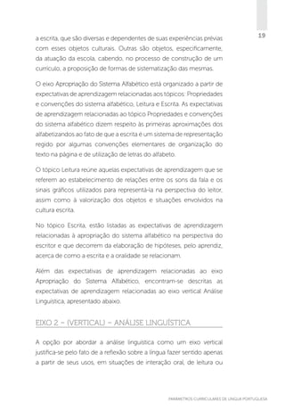 a escrita, que são diversas e dependentes de suas experiências prévias

19

com esses objetos culturais. Outras são objetos, especificamente,
da atuação da escola, cabendo, no processo de construção de um
currículo, a proposição de formas de sistematização das mesmas.
O eixo Apropriação do Sistema Alfabético está organizado a partir de
expectativas de aprendizagem relacionadas aos tópicos: Propriedades
e convenções do sistema alfabético, Leitura e Escrita. As expectativas
de aprendizagem relacionadas ao tópico Propriedades e convenções
do sistema alfabético dizem respeito às primeiras aproximações dos
alfabetizandos ao fato de que a escrita é um sistema de representação
regido por algumas convenções elementares de organização do
texto na página e de utilização de letras do alfabeto.
O tópico Leitura reúne aquelas expectativas de aprendizagem que se
referem ao estabelecimento de relações entre os sons da fala e os
sinais gráficos utilizados para representá-la na perspectiva do leitor,
assim como à valorização dos objetos e situações envolvidos na
cultura escrita.
No tópico Escrita, estão listadas as expectativas de aprendizagem
relacionadas à apropriação do sistema alfabético na perspectiva do
escritor e que decorrem da elaboração de hipóteses, pelo aprendiz,
acerca de como a escrita e a oralidade se relacionam.
Além das expectativas de aprendizagem relacionadas ao eixo
Apropriação do Sistema Alfabético, encontram-se descritas as
expectativas de aprendizagem relacionadas ao eixo vertical Análise
Linguística, apresentado abaixo.

EIXO 2 – (VERTICAL) – ANÁLISE LINGUÍSTICA
A opção por abordar a análise linguística como um eixo vertical
justifica-se pelo fato de a reflexão sobre a língua fazer sentido apenas
a partir de seus usos, em situações de interação oral, de leitura ou

PARÂMETROS CURRICULARES DE Língua Portuguesa

19

 