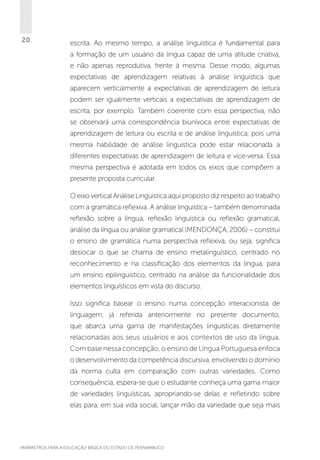 20

escrita. Ao mesmo tempo, a análise linguística é fundamental para
a formação de um usuário da língua capaz de uma atitude criativa,
e não apenas reprodutiva, frente à mesma. Desse modo, algumas
expectativas de aprendizagem relativas à análise linguística que
aparecem verticalmente a expectativas de aprendizagem de leitura
podem ser igualmente verticais a expectativas de aprendizagem de
escrita, por exemplo. Também coerente com essa perspectiva, não
se observará uma correspondência biunívoca entre expectativas de
aprendizagem de leitura ou escrita e de análise linguística, pois uma
mesma habilidade de análise linguística pode estar relacionada a
diferentes expectativas de aprendizagem de leitura e vice-versa. Essa
mesma perspectiva é adotada em todos os eixos que compõem a
presente proposta curricular.
O eixo vertical Análise Linguística aqui proposto diz respeito ao trabalho
com a gramática reflexiva. A análise linguística – também denominada
reflexão sobre a língua, reflexão linguística ou reflexão gramatical,
análise da língua ou análise gramatical (MENDONÇA, 2006) – constitui
o ensino de gramática numa perspectiva reflexiva, ou seja, significa
deslocar o que se chama de ensino metalinguístico, centrado no
reconhecimento e na classificação dos elementos da língua, para
um ensino epilinguístico, centrado na análise da funcionalidade dos
elementos linguísticos em vista do discurso.
Isso significa basear o ensino numa concepção interacionista de
linguagem, já referida anteriormente no presente documento,
que abarca uma gama de manifestações linguísticas diretamente
relacionadas aos seus usuários e aos contextos de uso da língua.
Com base nessa concepção, o ensino de Língua Portuguesa enfoca
o desenvolvimento da competência discursiva, envolvendo o domínio
da norma culta em comparação com outras variedades. Como
consequência, espera-se que o estudante conheça uma gama maior
de variedades linguísticas, apropriando-se delas e refletindo sobre
elas para, em sua vida social, lançar mão da variedade que seja mais

PARÂMETROS PARA A EDUCAÇÃO BÁSICA DO ESTADO DE PERNAMBUCO

 