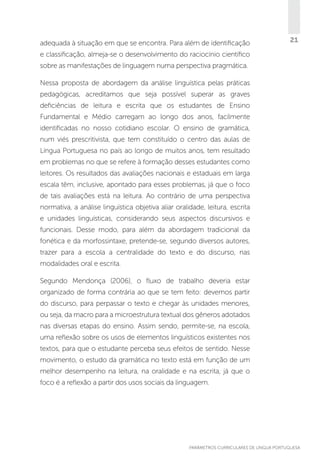 adequada à situação em que se encontra. Para além de identificação

21

e classificação, almeja-se o desenvolvimento do raciocínio científico
sobre as manifestações de linguagem numa perspectiva pragmática.
Nessa proposta de abordagem da análise linguística pelas práticas
pedagógicas, acreditamos que seja possível superar as graves
deficiências de leitura e escrita que os estudantes de Ensino
Fundamental e Médio carregam ao longo dos anos, facilmente
identificadas no nosso cotidiano escolar. O ensino de gramática,
num viés prescritivista, que tem constituído o centro das aulas de
Língua Portuguesa no país ao longo de muitos anos, tem resultado
em problemas no que se refere à formação desses estudantes como
leitores. Os resultados das avaliações nacionais e estaduais em larga
escala têm, inclusive, apontado para esses problemas, já que o foco
de tais avaliações está na leitura. Ao contrário de uma perspectiva
normativa, a análise linguística objetiva aliar oralidade, leitura, escrita
e unidades linguísticas, considerando seus aspectos discursivos e
funcionais. Desse modo, para além da abordagem tradicional da
fonética e da morfossintaxe, pretende-se, segundo diversos autores,
trazer para a escola a centralidade do texto e do discurso, nas
modalidades oral e escrita.
Segundo Mendonça (2006), o fluxo de trabalho deveria estar
organizado de forma contrária ao que se tem feito: devemos partir
do discurso, para perpassar o texto e chegar às unidades menores,
ou seja, da macro para a microestrutura textual dos gêneros adotados
nas diversas etapas do ensino. Assim sendo, permite-se, na escola,
uma reflexão sobre os usos de elementos linguísticos existentes nos
textos, para que o estudante perceba seus efeitos de sentido. Nesse
movimento, o estudo da gramática no texto está em função de um
melhor desempenho na leitura, na oralidade e na escrita, já que o
foco é a reflexão a partir dos usos sociais da linguagem.

PARÂMETROS CURRICULARES DE Língua Portuguesa

21

 