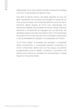 28

alfabetização inicial, não se deixem de lado as práticas de oralidade
com foco no aprendizado dos gêneros orais.
Para além de apenas vivência, nas etapas seguintes, em que, em
geral, “abandonam-se” as práticas de oralidade em função de um
foco na escrita, podem ser introduzidos gêneros como seminário,
entrevista, debate regrado, de forma mais sistematizada. Nos
estudos de oralidade, são abordados temas de variação linguística
essenciais à compreensão da linguagem em sua plenitude: são
abordados aspectos do estilo, dos dialetos, bem como introduzidas
discussões em torno da noção de erro em linguagem, perpassando
o viés da pluralidade da linguagem e da adequação ao contexto.
Já no Ensino Médio, as atividades que abrangem a modalidade
falada compreendem a consolidação daquelas introduzidas no
Ensino Fundamental, dando cada vez mais espaço aos gêneros
já apresentados (como o debate, a entrevista, o seminário), mas
aliando essas práticas às atividades de retextualização e análise
linguística mais aprofundadas.

PARÂMETROS PARA A EDUCAÇÃO BÁSICA DO ESTADO DE PERNAMBUCO

 